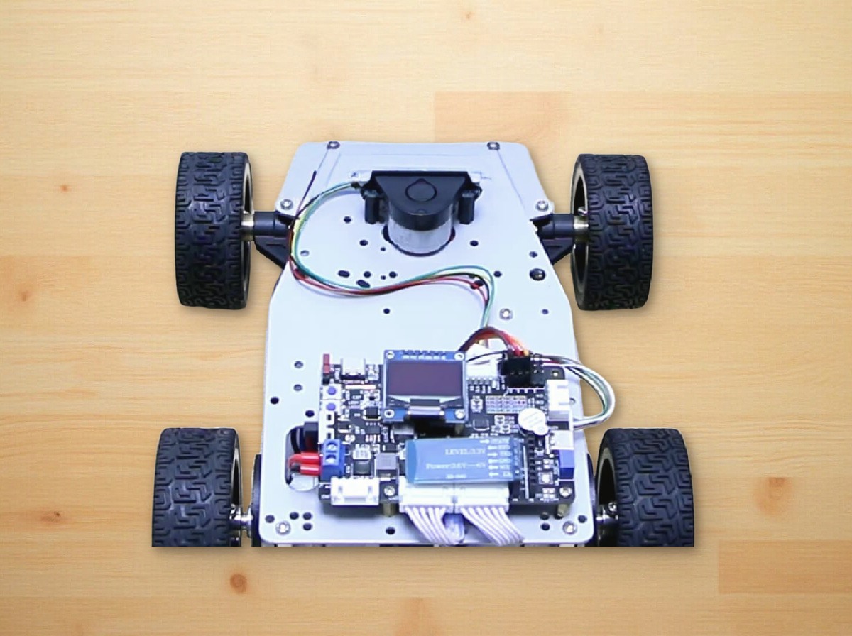 Four-wheel robot car with a lidar and a custom control board with a small screen