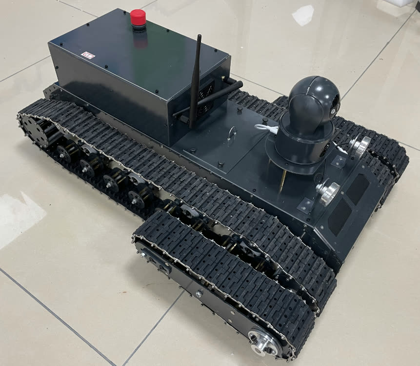 Swing-arm tracked robot chassis with sheet-metal body and PTZ camera