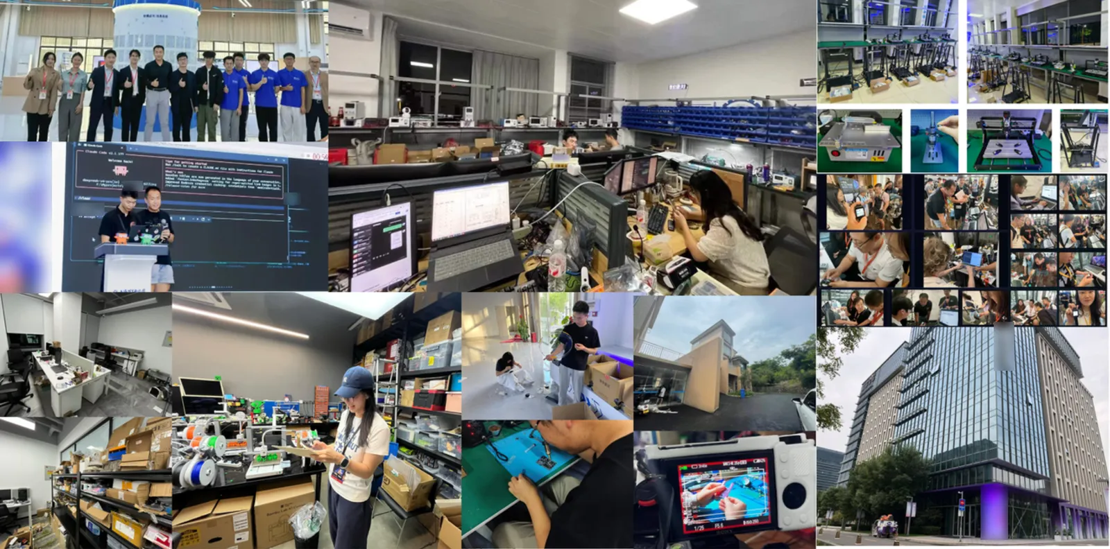 Our team at work: benches, soldering, 3D printers, workshops with students, a hackathon stage and the office building