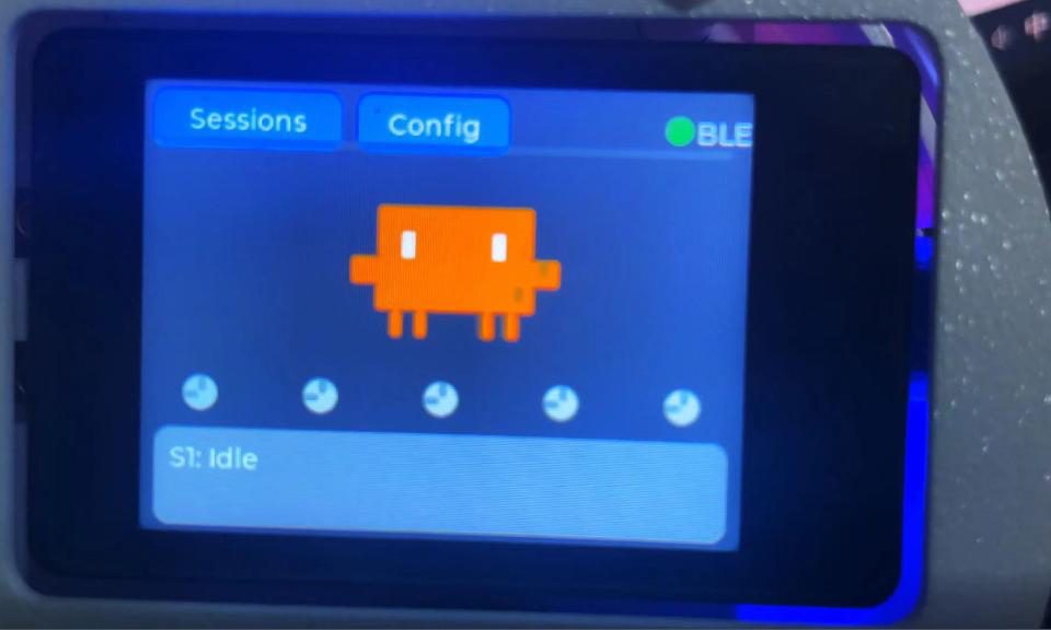 Small screen showing Sessions and Config tabs, a pixel character, a BLE indicator and the status 'S1: Idle'