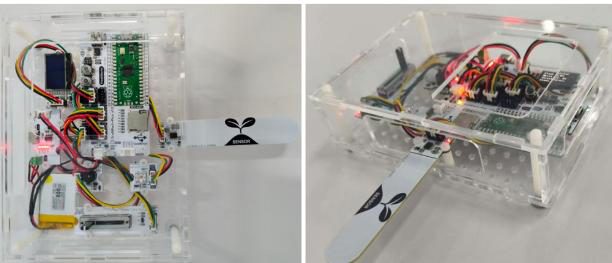 Two photos of a clear acrylic case holding a Pico controller board, wired sensor modules, a battery and a soil probe, on a grey table