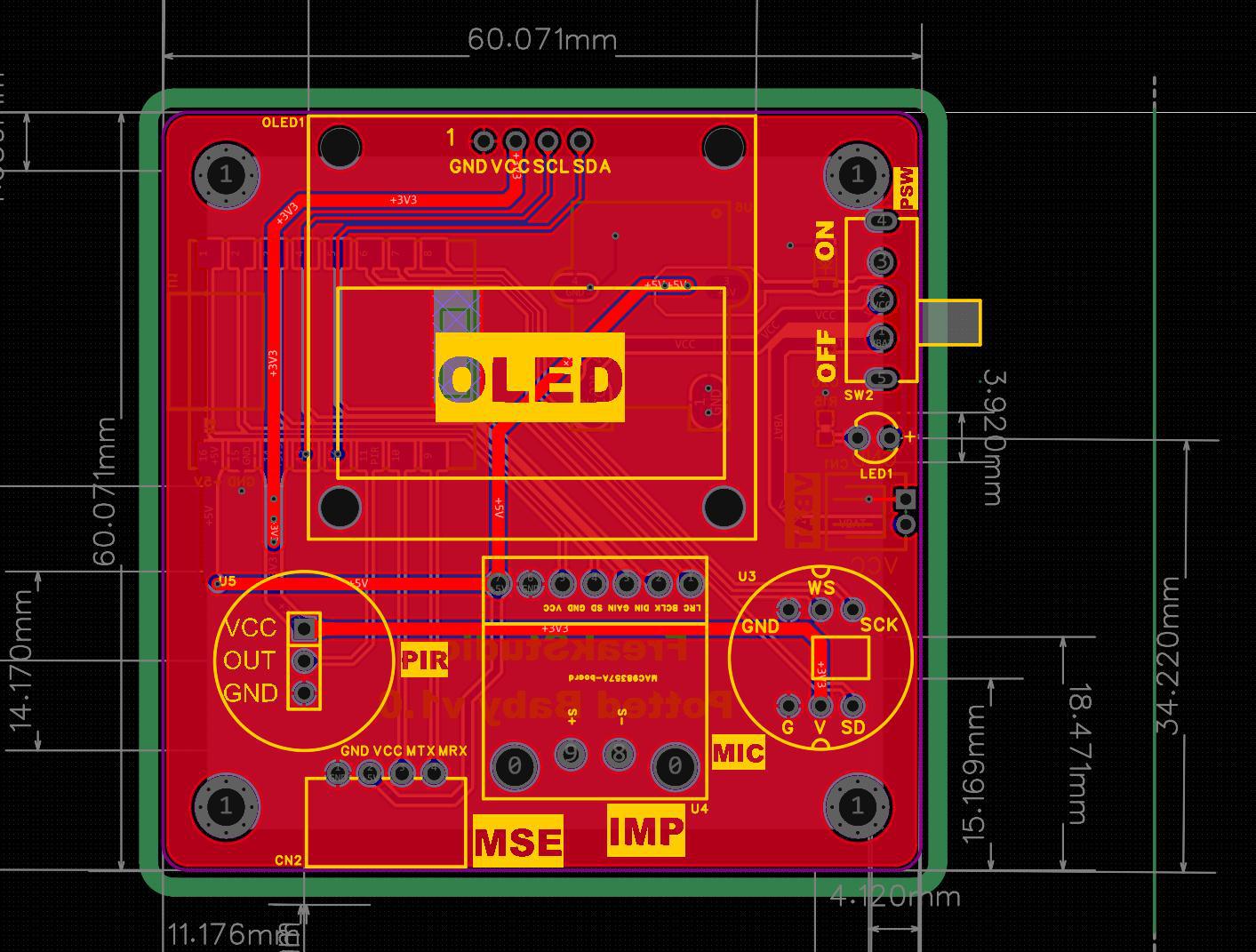 Red PCB layout with dimension lines, showing footprints labelled OLED, PIR, MIC, MSE and IMP