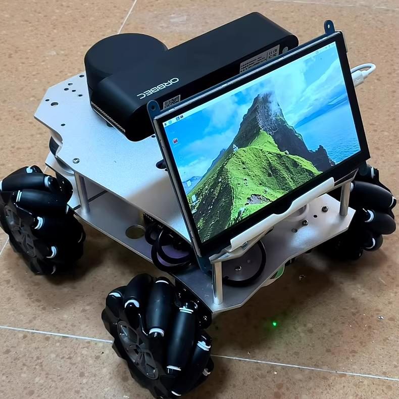 Angled view of the same mecanum-wheel robot on a tiled floor, with a tilted touchscreen and a black depth camera on an aluminum frame