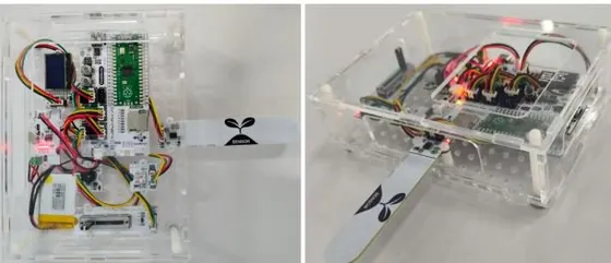 Two photos of a clear acrylic case holding a Pico controller board, wired sensor modules, a battery and a soil probe, on a grey table
