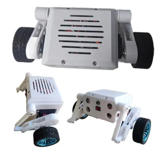 Three views of a white 3D-printed two-wheel robot with servo-driven legs, on a white background: top view, one side with a leg lifted, and the rear panel with switch and ports