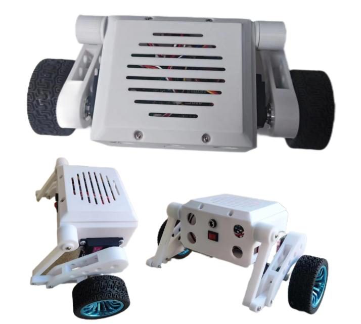 Three views of a white 3D-printed two-wheel robot with servo-driven legs, on a white background: top view, one side with a leg lifted, and the rear panel with switch and ports