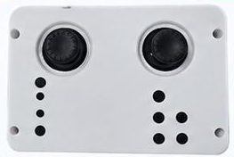White handheld remote with two joysticks and two groups of buttons, on a white background