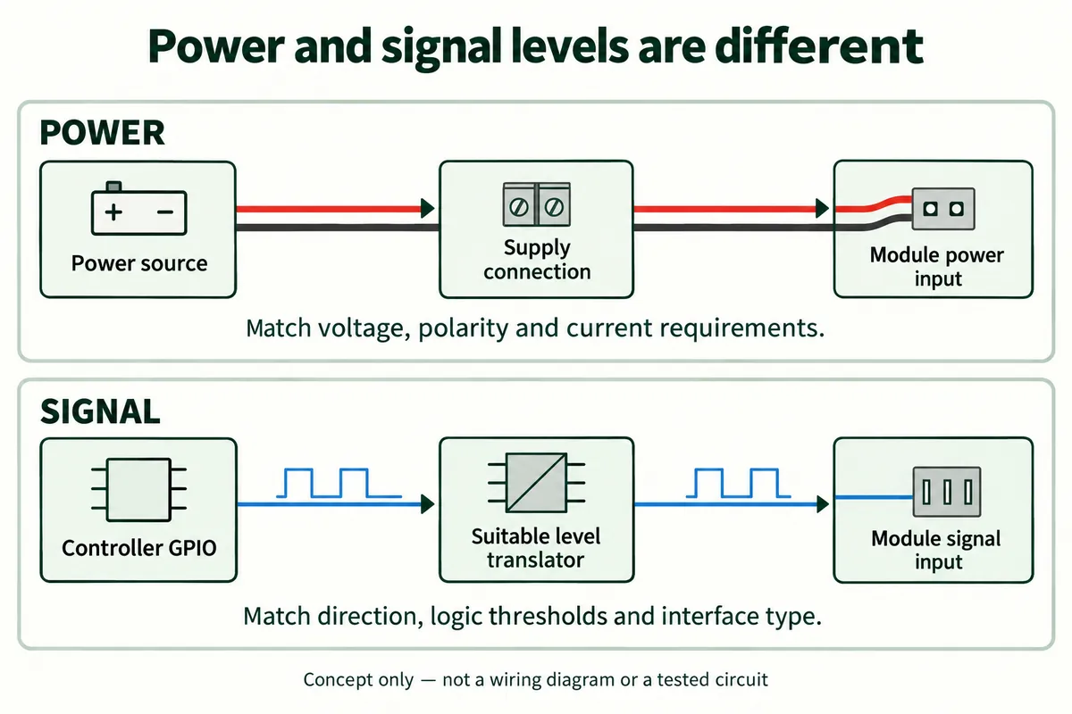 Diagram with a power path from source to module power input, and a signal path from controller GPIO through a level translator to a module signal input