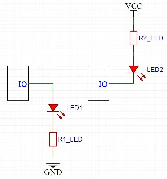 Two LED schematics: on the left the IO pin drives LED1 and R1 to ground; on the right LED2 and R2 hang from VCC down to the IO pin