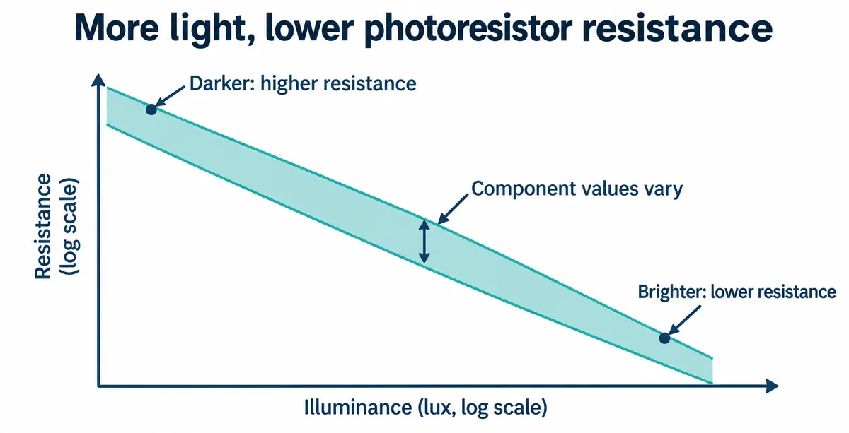 Chart: photoresistor resistance falls as illuminance rises, drawn as a band because component values vary