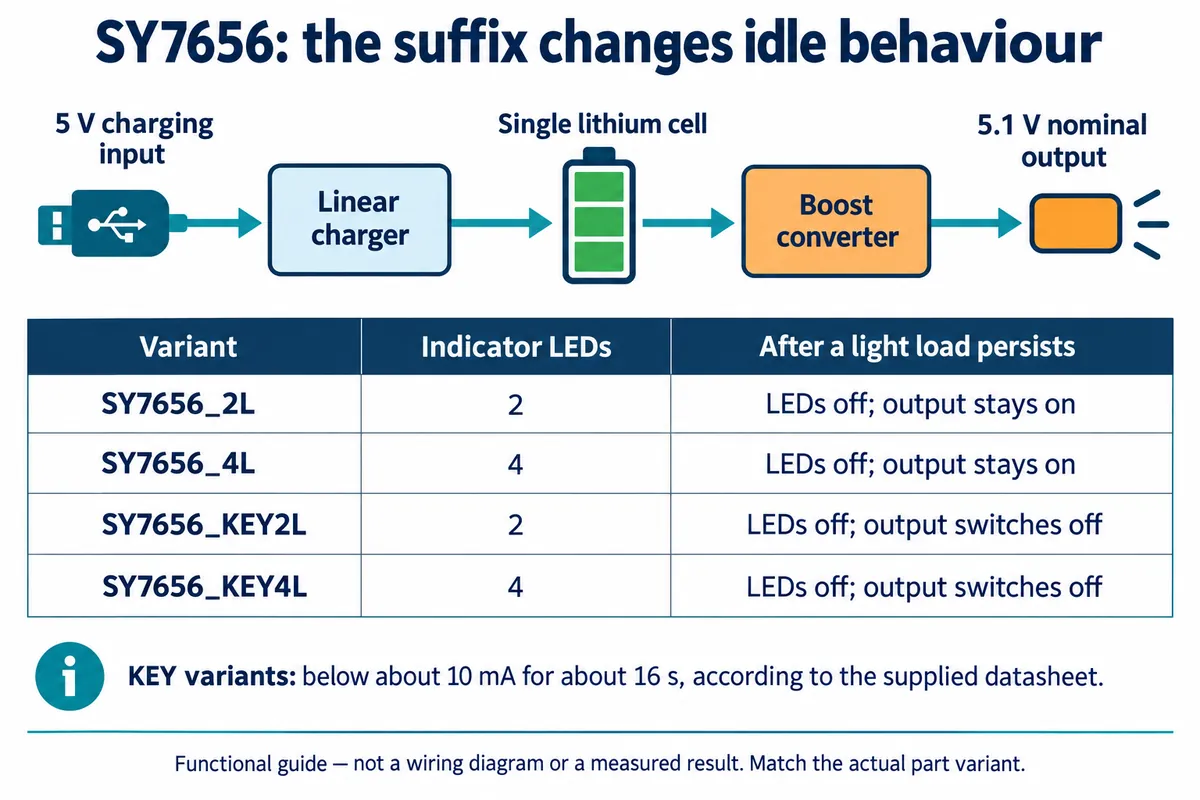 Diagram of the SY7656 power path and a table of four variants, showing which keep the output on at light load
