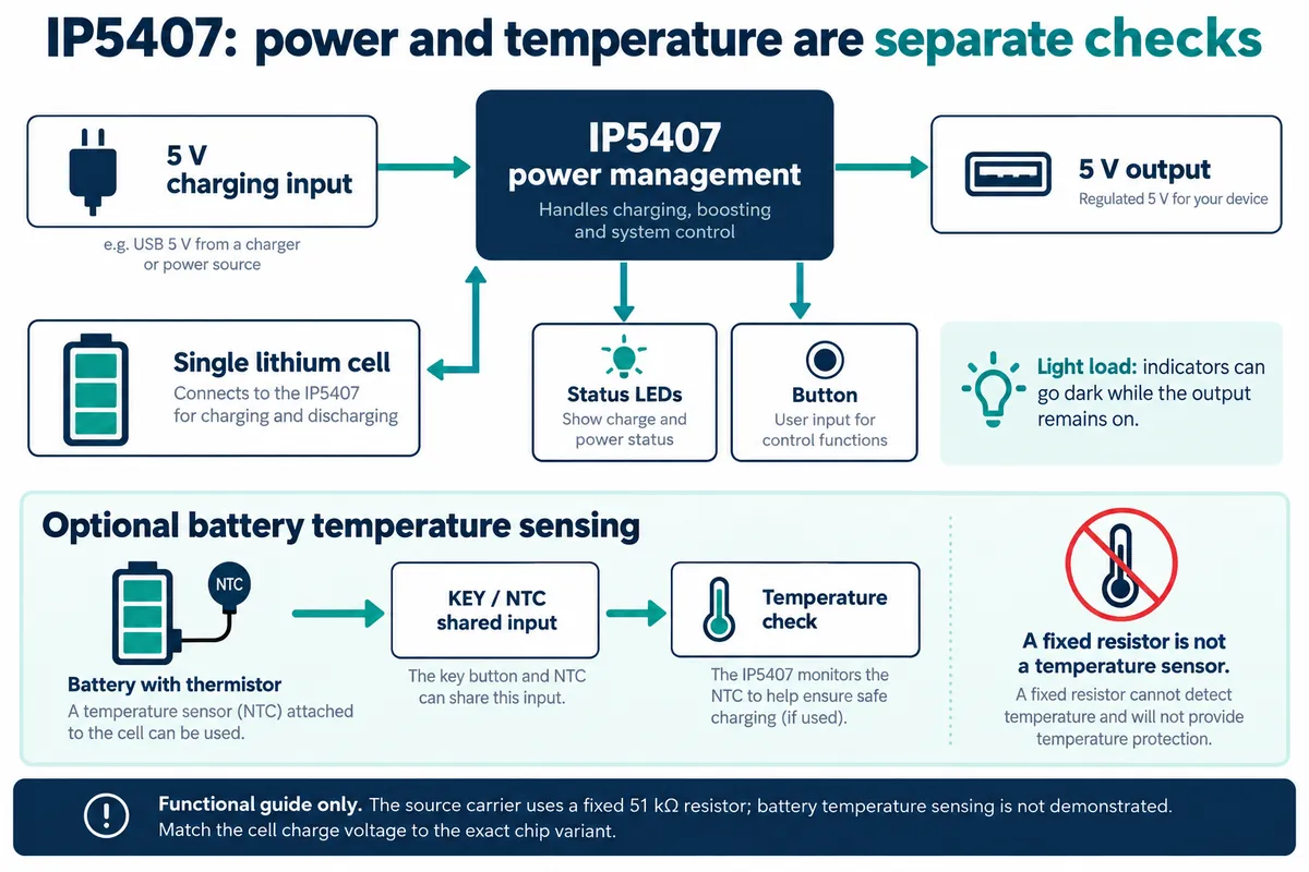Functional diagram of the IP5407: charging input, cell, 5 V output, LEDs, button, and optional NTC temperature sensing