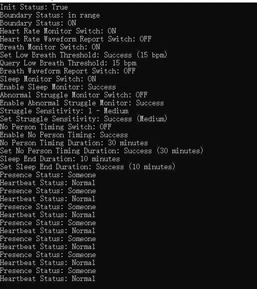 Terminal log of radar configuration replies followed by repeated presence and heartbeat status lines
