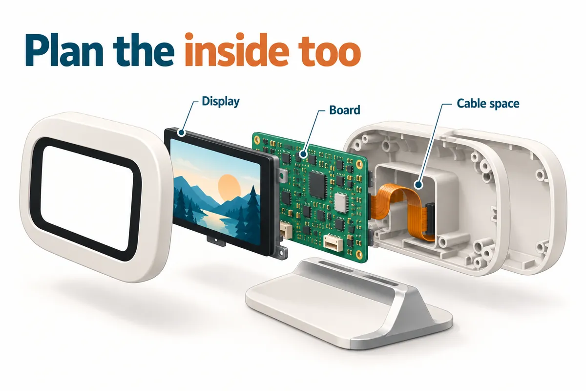 Conceptual exploded desktop display showing a screen, a circuit board and space for an internal cable.