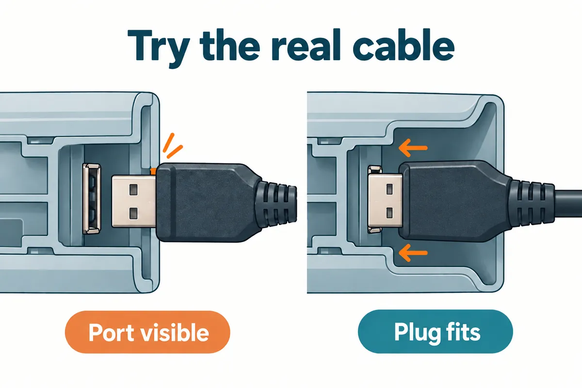 Conceptual comparison of a cable plug blocked by a narrow opening and a plug that can enter a wider recess.