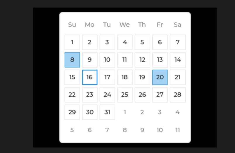 LVGL calendar for March 2026 with the 8th and 20th filled in blue and the 16th outlined as today