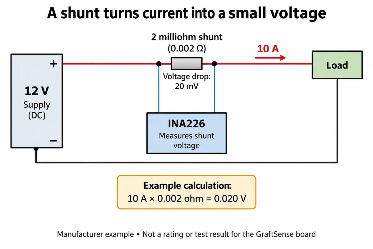 Diagram: 12 V supply, 2 milliohm shunt and 10 A load, with the INA226 measuring a 20 mV drop