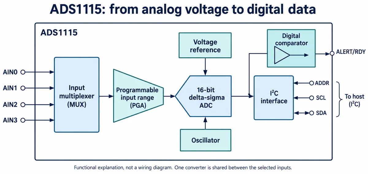 Block diagram of the ADS1115: four inputs into a multiplexer, programmable input range, 16-bit delta-sigma ADC, reference, oscillator, comparator and I2C interface