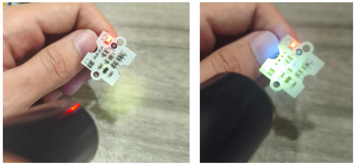 A hand holding the SI1145 module, first in room light and then under a handheld lamp