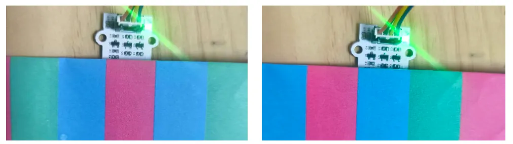 Two photos of a small sensor board held against a strip of printed blue, pink and green color patches