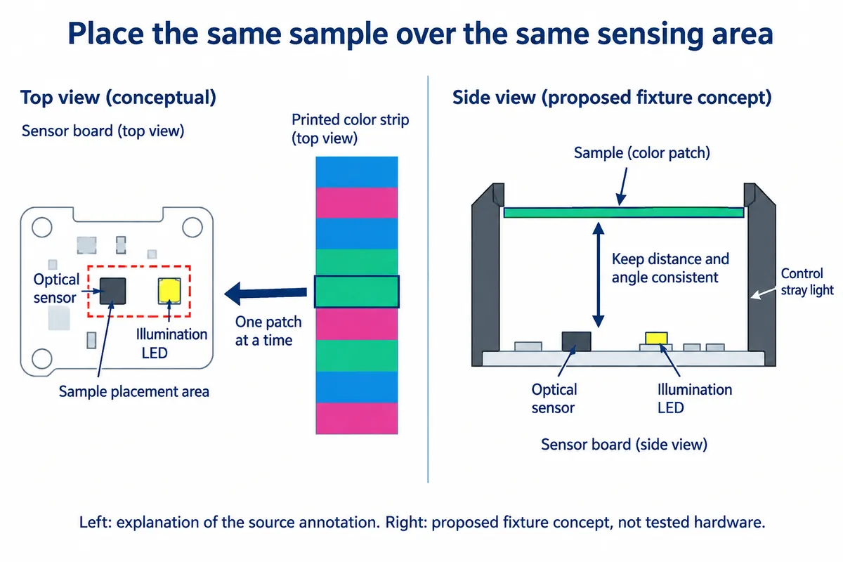Diagram: top view of the sensing area with one color patch at a time, and a side view of a proposed holder that fixes distance and angle and blocks stray light