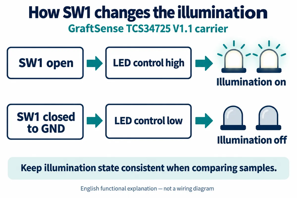 Diagram: SW1 open lets the LED control line go high and the illumination is on; SW1 closed to ground pulls it low and the illumination is off
