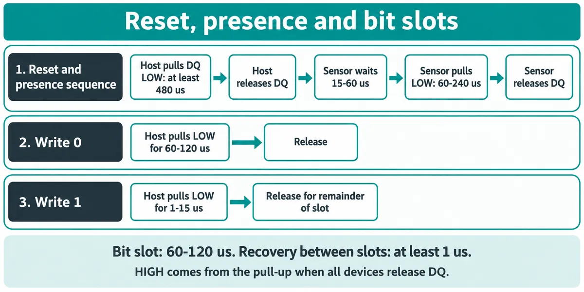 Timing boxes for 1-Wire reset and presence, write-0 and write-1 slots, with microsecond ranges