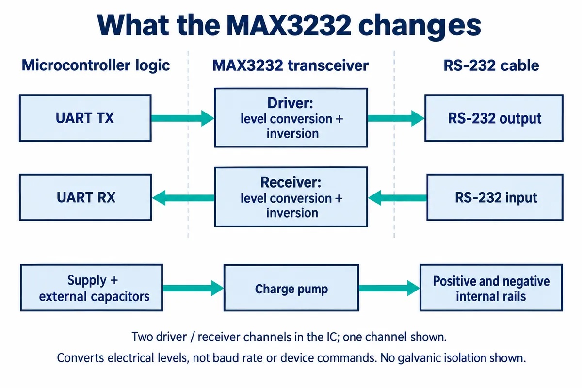 Diagram: UART TX and RX pass through MAX3232 driver and receiver with level conversion and inversion to RS-232 output and input, with a charge pump generating internal rails