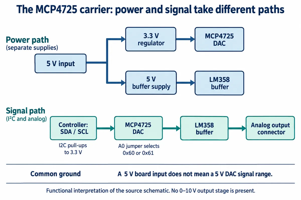 Block diagram: 5 V input feeds a 3.3 V regulator for the MCP4725 and a 5 V supply for an LM358 buffer; the signal runs from the controller over I2C to the DAC, buffer and analog output connector