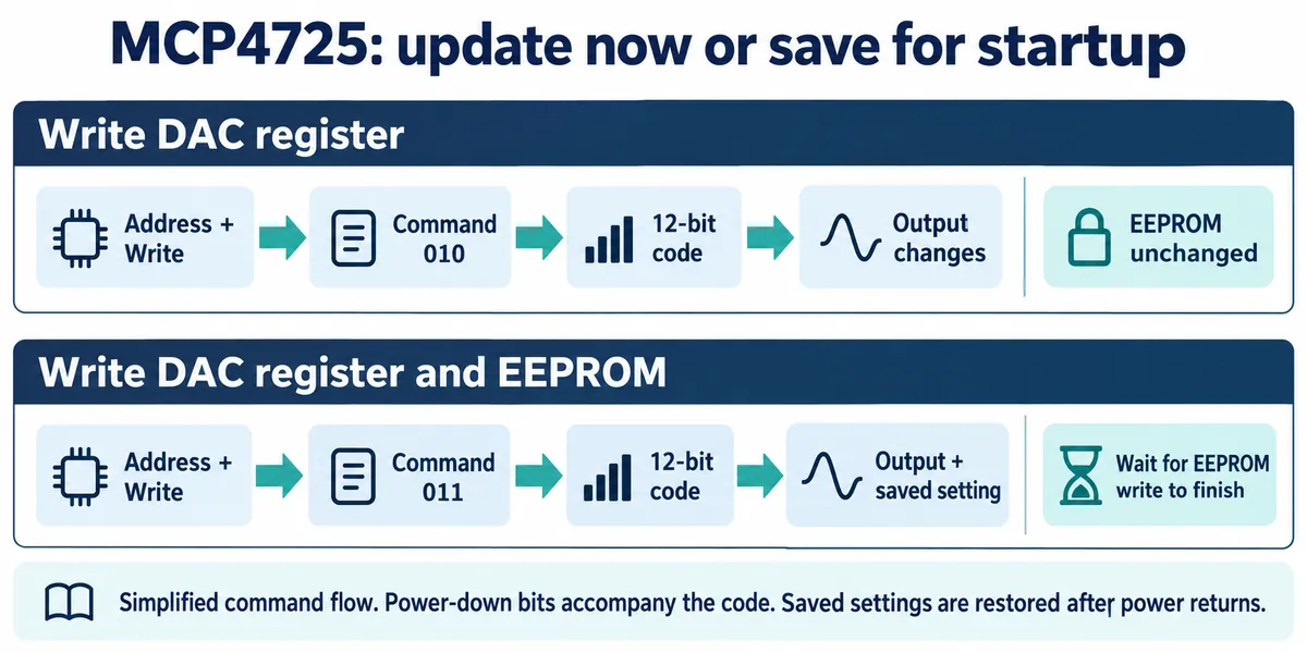 Two command flows for the MCP4725: writing the DAC register changes the output and leaves EEPROM unchanged; writing register and EEPROM also saves the setting for power-up