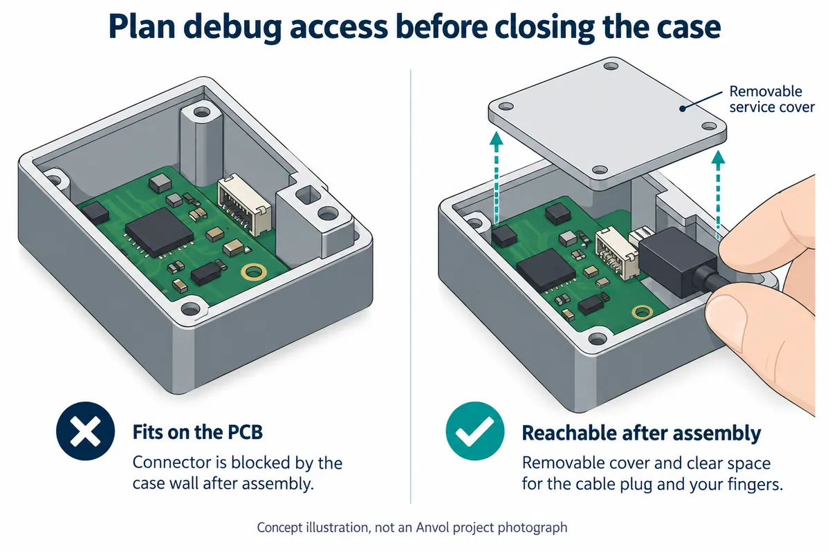 Concept illustration comparing a debug connector obstructed by enclosure geometry with an accessible connector under a removable cover.