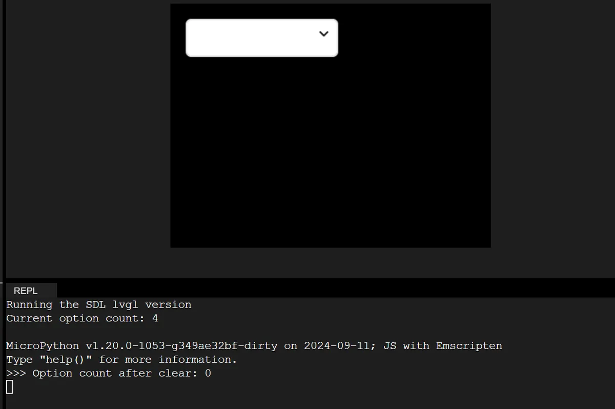 LVGL simulator showing an empty drop-down and a console reporting a current option count of 4, then 0 after clearing