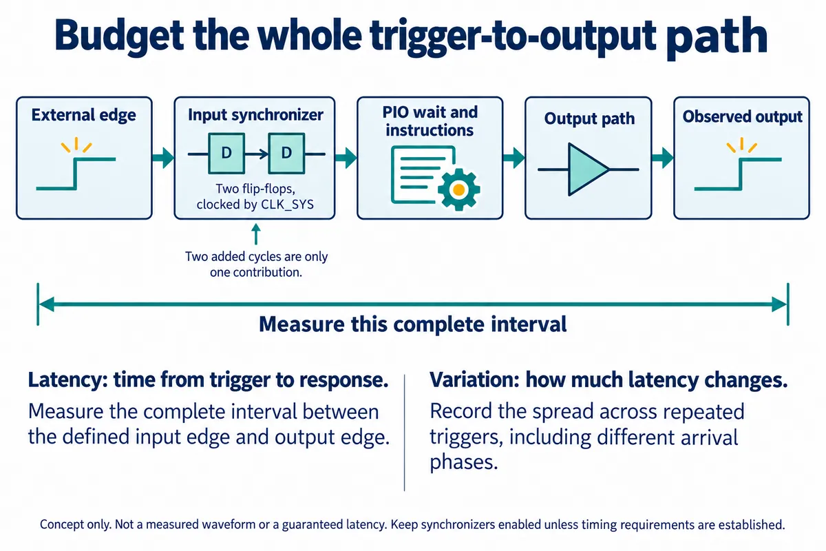 Block chain from external edge through a two-flip-flop input synchronizer, PIO wait and instructions, and output path to the observed output, with the full interval marked for measurement