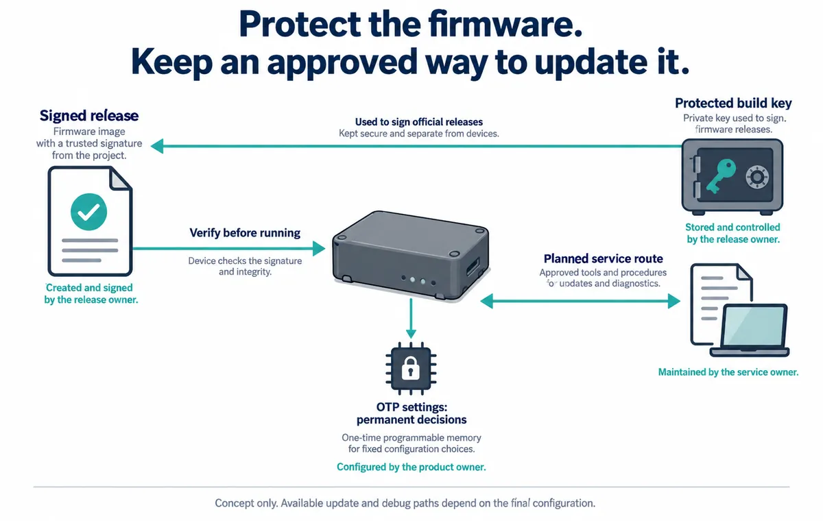 Concept showing signed releases, protected signing material and a planned service route