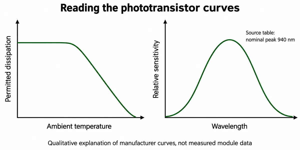Qualitative sketch of a phototransistor's power-derating curve and broad spectral sensitivity peaking near 940 nm