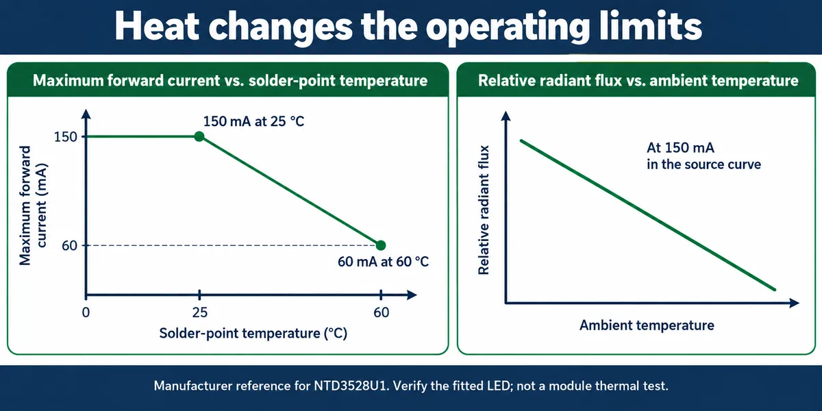 Two charts: maximum forward current falling from 150 mA at 25 °C to 60 mA at 60 °C solder-point temperature, and relative radiant flux falling as ambient temperature rises