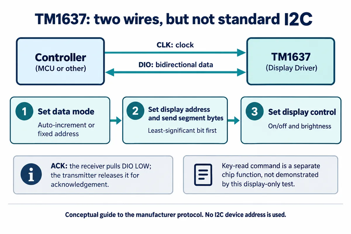 Diagram: controller sends CLK and bidirectional DIO to a TM1637 in three steps, set data mode, set display address and segment bytes, set display control; note that no I2C device address is used