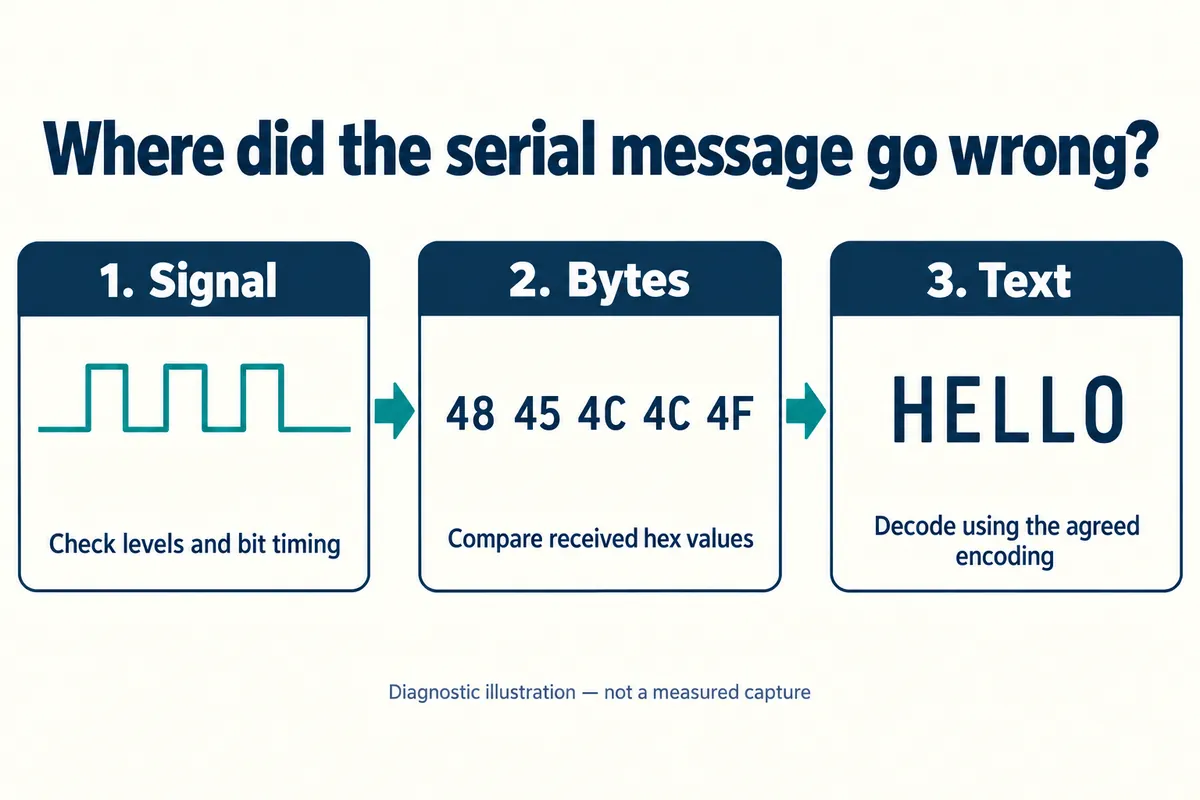 English explanatory illustration: three stages of serial diagnosis, from signal levels and bit timing, to received hex bytes 48 45 4C 4C 4F, to the decoded text HELLO