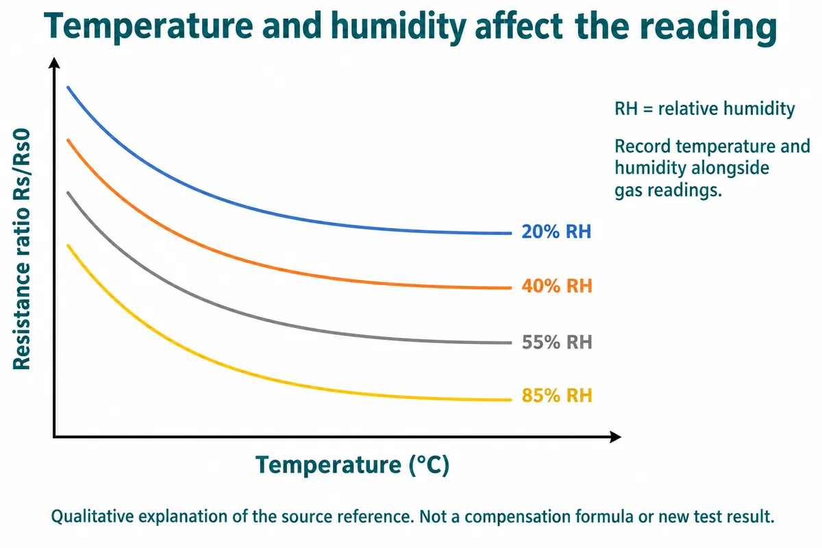 Chart: sensor resistance ratio falling with temperature, with separate curves for 20, 40, 55 and 85 percent relative humidity
