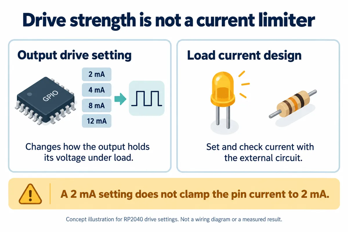 Two panels: an RP2040 output drive setting with 2, 4, 8 and 12 mA options on the left, an LED and series resistor on the right