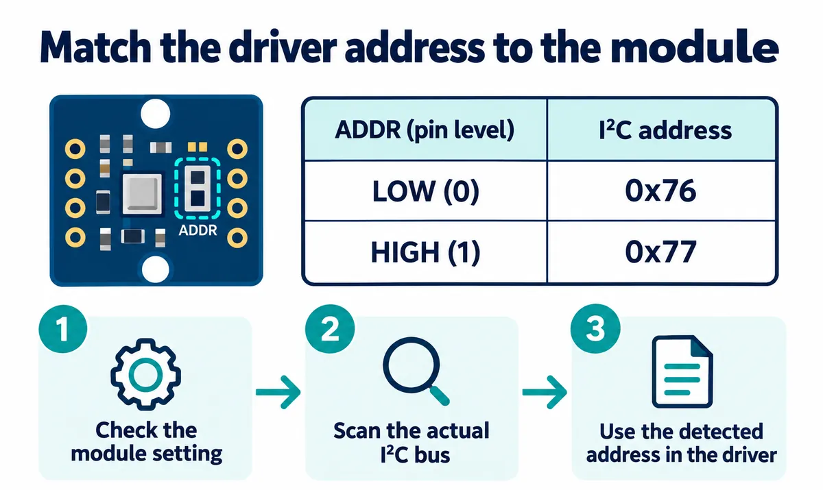 Diagram: ADDR low selects I2C address 0x76 and high selects 0x77, with three steps: check the module setting, scan the bus, use the detected address
