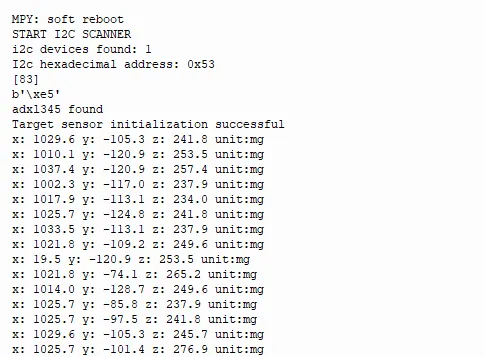 Terminal: I2C scan finds 0x53, device ID 0xE5, then rows of x, y, z readings in mg with x mostly near 1000 and one row at 19.5