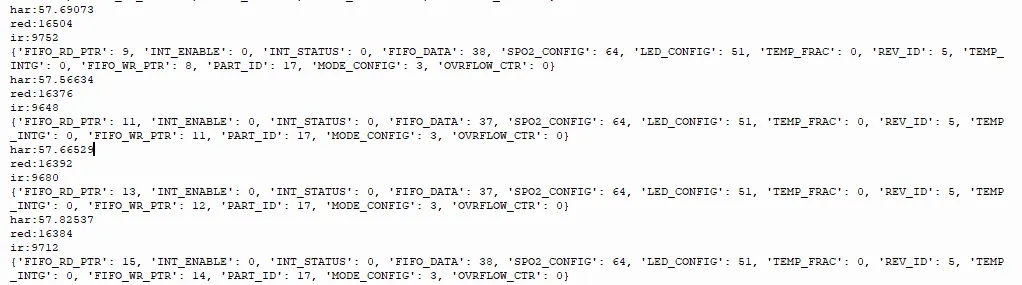 Terminal output with har values near 57.7, red and IR counts, and a MAX30100 register dump