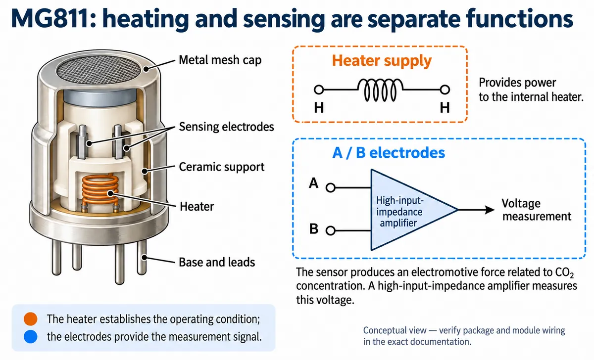 Cutaway of the MG811 sensor showing heater, sensing electrodes and ceramic support, with the heater supply and A/B electrode amplifier drawn separately