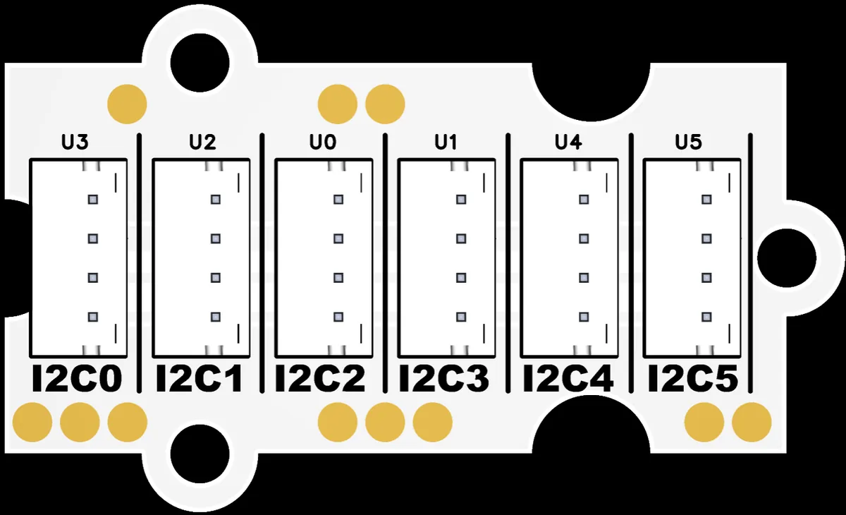 Six four-pin connectors on a small white expansion board, labeled I2C0 to I2C5