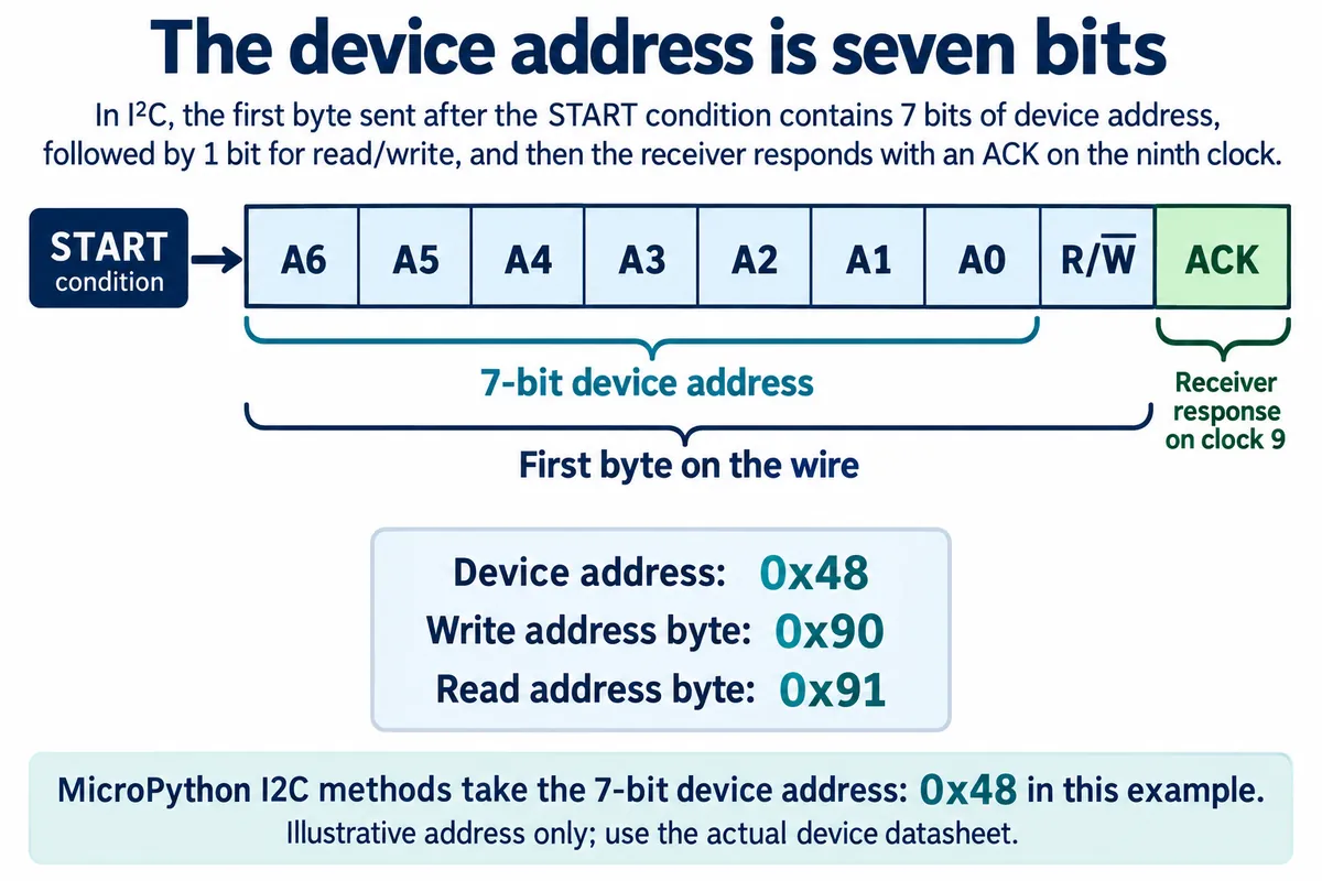 English explanatory redraw: the first I2C byte is seven address bits A6 to A0 plus a read/write bit, so device address 0x48 becomes 0x90 for write and 0x91 for read
