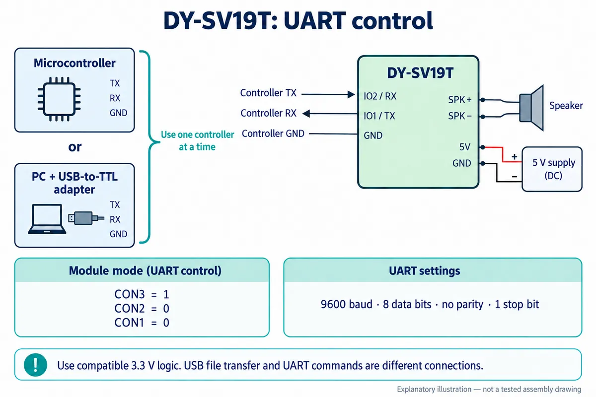 Wiring diagram for DY-SV19T UART control: controller TX to IO2/RX, controller RX from IO1/TX, mode pins CON3=1, CON2=0, CON1=0, 9600 8N1