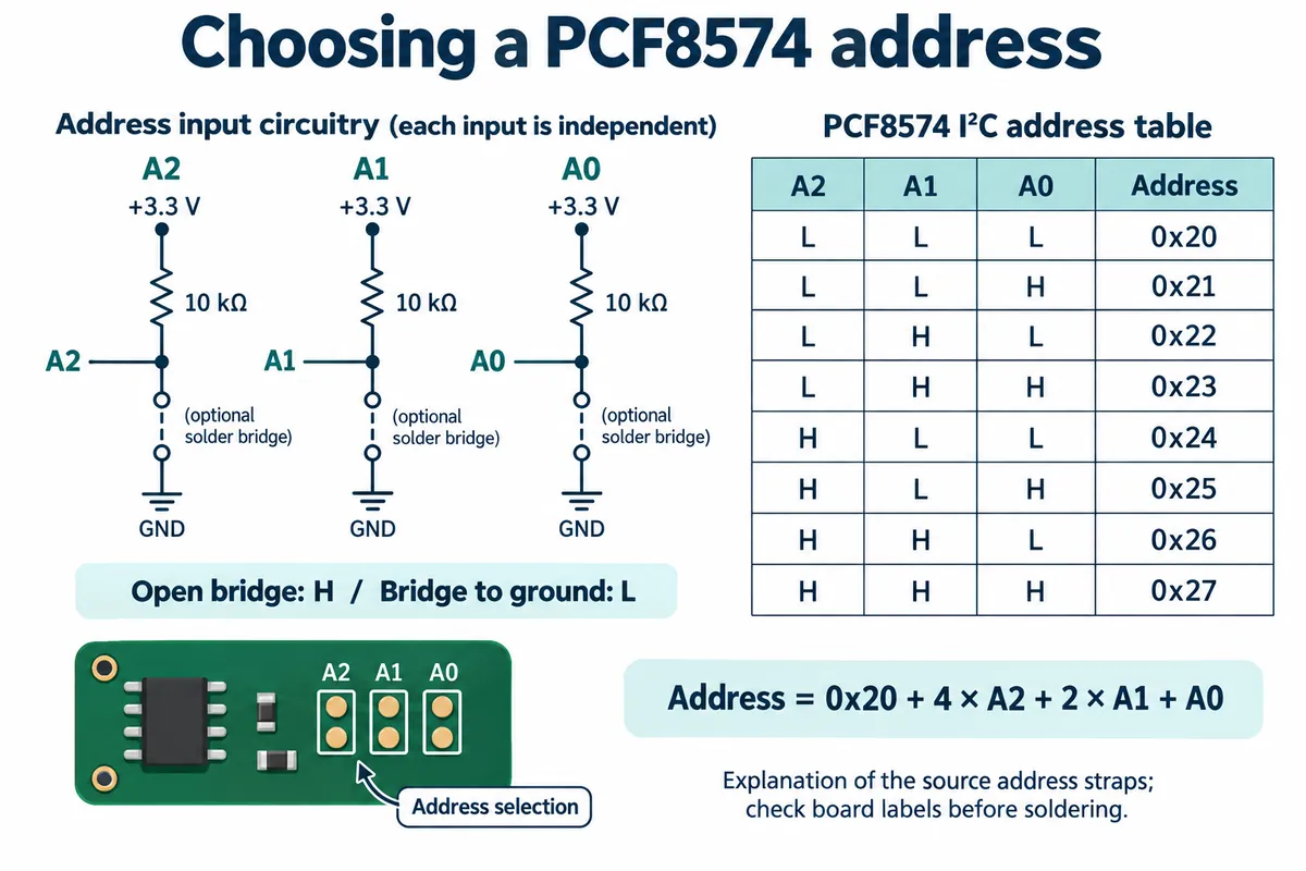 PCF8574 address straps A2, A1 and A0 with pull-ups and solder bridges, and a table mapping each combination to addresses 0x20 to 0x27