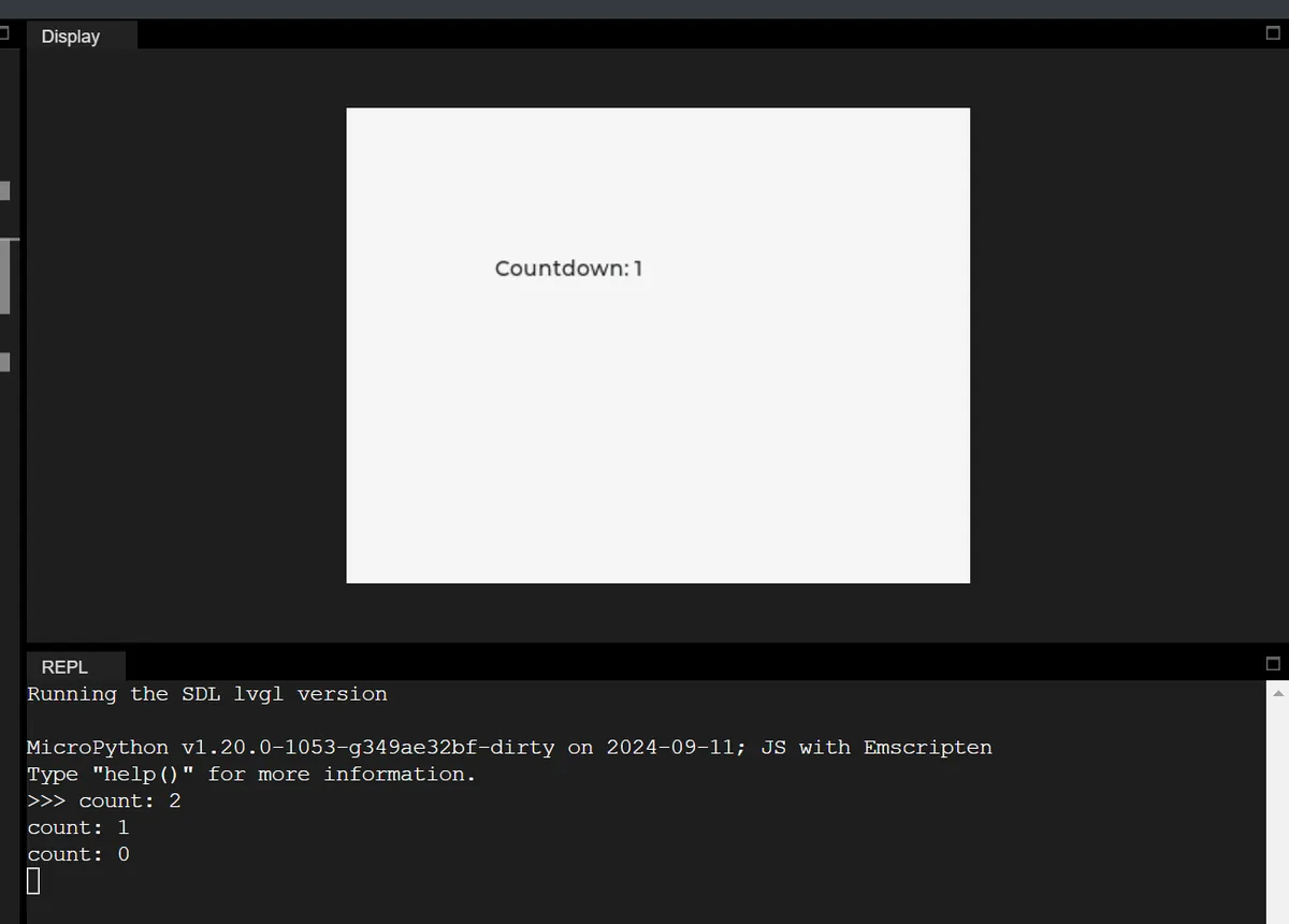 LVGL simulator showing a label stuck at Countdown: 1 while the console has printed count 2, 1 and 0