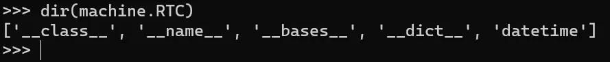 Console output of dir(machine.RTC) listing only datetime as a public method